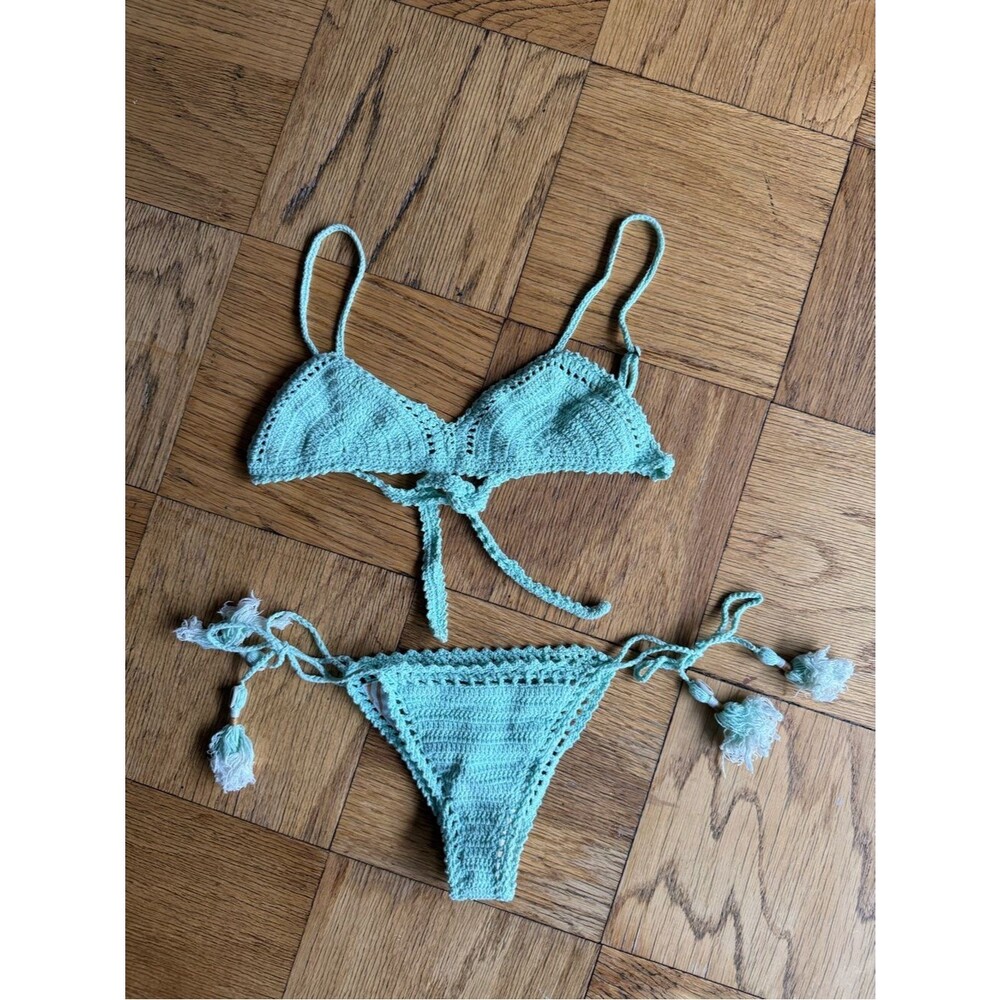She Made Me Cotton Crochet Triangle Bikini Set, Mint Green, Sz S/M, EUC